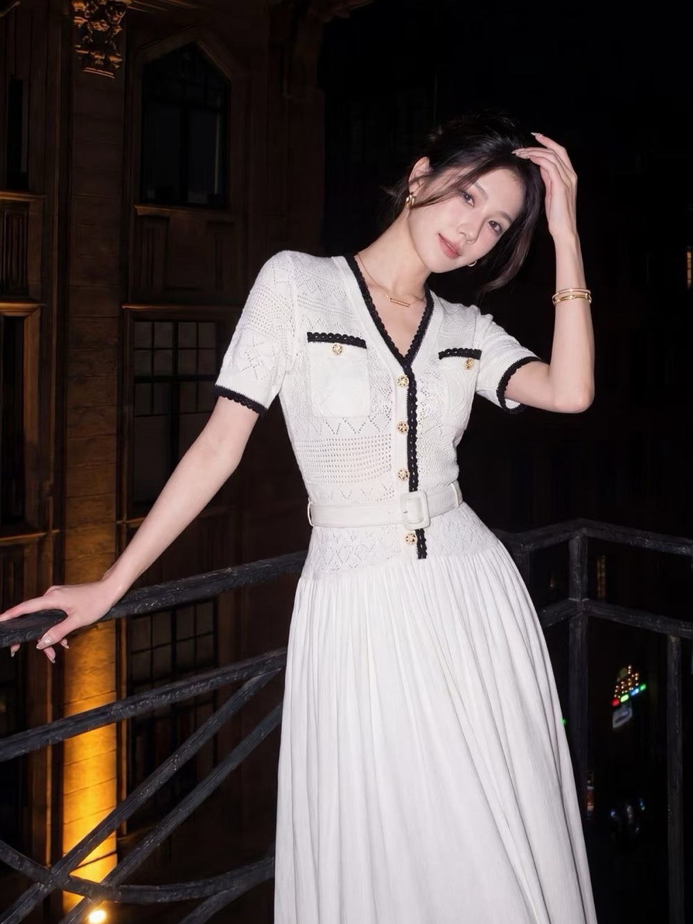 NWOT Self-Portrait White Knit Belted Midi Dress, Size XS/S/M/L - Picture 3 of 6